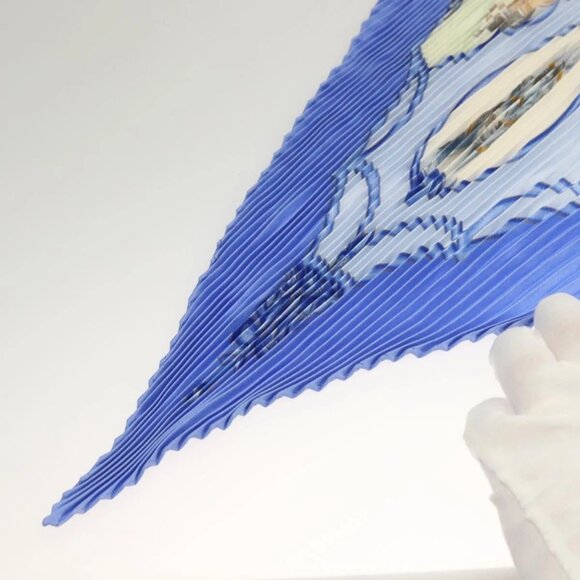 HERMES Pleated Carre 90 Scarf ""LES CHEVAUX DES MOGHOLS"" Silk Blue Auth 135502 - Picture 11 of 16